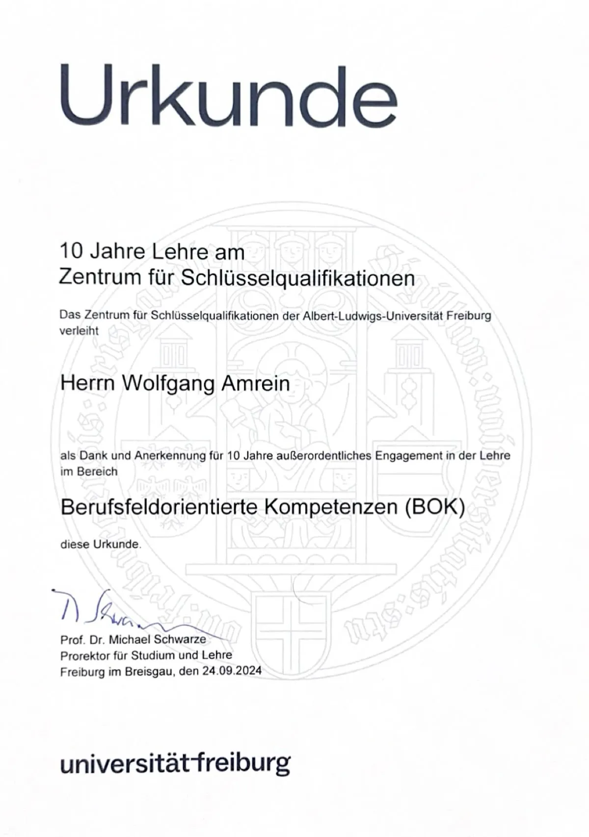 Urkunde für 10 Jahre Lehrtätigkeit an der Universität Freiburg